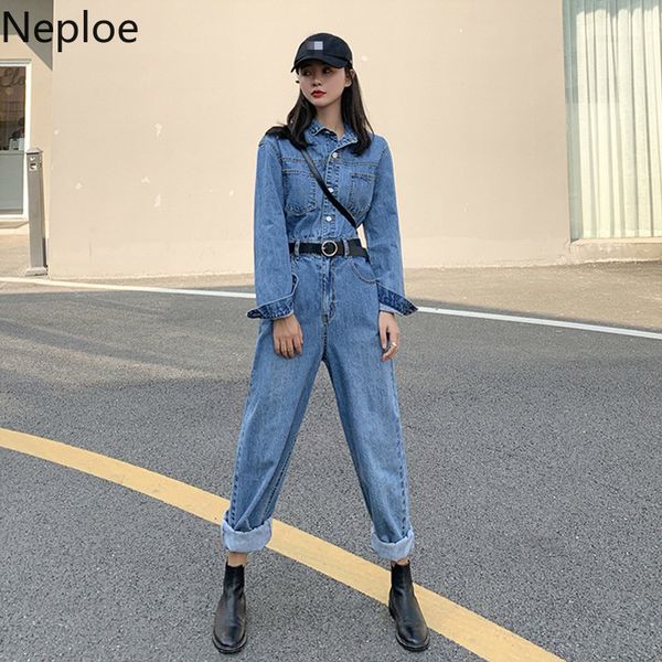 

neploe high waist playsuits women 2020 solid single breasted long sleeve bodysuits loose casual wide leg female jumpsuits 49717, Black;white