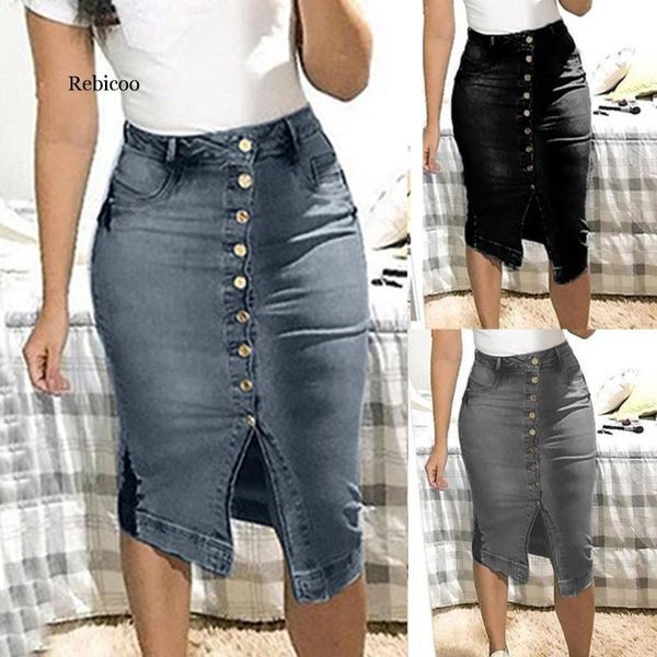 

rebicoo women skirt short denim skirts for women plus size skirts buttons pockets split bandage jeans skirt high waist, Black