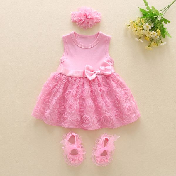 

newborn clothes infant baby girls twins summer dress & headband & shoes set party baby birthday wedding dress baby shower gift, Black;pink