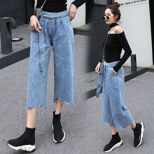 

2019 new original sashes pleated ankle-length pants raw hem design women's clothing jeans boyfriend jeans for women, Blue