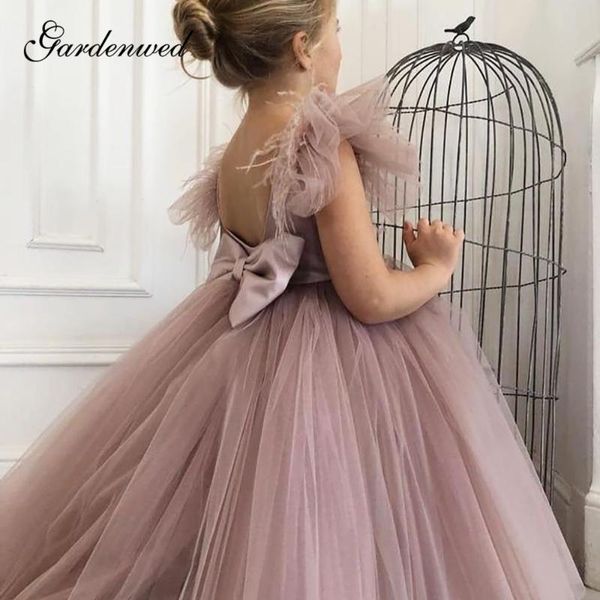 

cute blush pink flower girl dresses feathers ruffle sleeves mini girls wedding party dress o-neck big bow tulle communion dress, Red;yellow