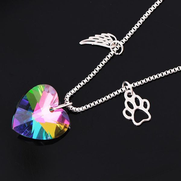 

heart crystal necklace glass necklaces rainbow color paw pendant for lover wings hollow dog claw necklace, Silver