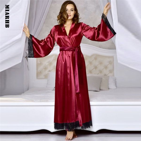 

sunwomen robes 2019 new long silk kimono dressing gown bath robe babydoll lingerie nightdress 3l30, Black;red