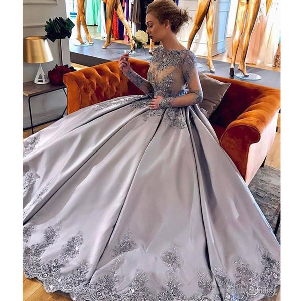 

2020 long sleeves satin evening dress silver gray lace applique beaded pageant formal holiday wear prom party gown custom made plus size, Black