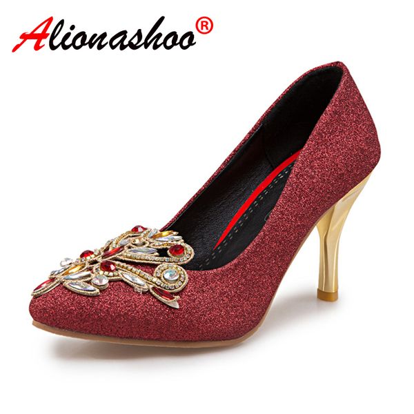 

shoes ladies crystal women wedding shoes for bride stiletto high heels pointed toe mary janes red purple gold large size 34-45, Black