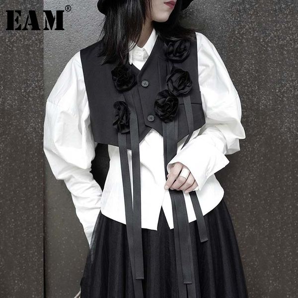 

eam] women loose fit black three-dimensional flower ribbon vest new v-collar sleeveless fashion tide spring autumn 2020 1w317, Black;white