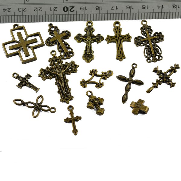 

50pcs antique bronze cross charms random shapes flower pendants for necklace bracelet charming beads for diy jewelry making 2019, Bronze;silver