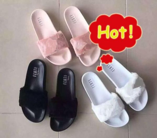 

send original box dust bag]rihanna leadcat fenty slippers faux fur slides sandal fashion women slide pink black white grey .6