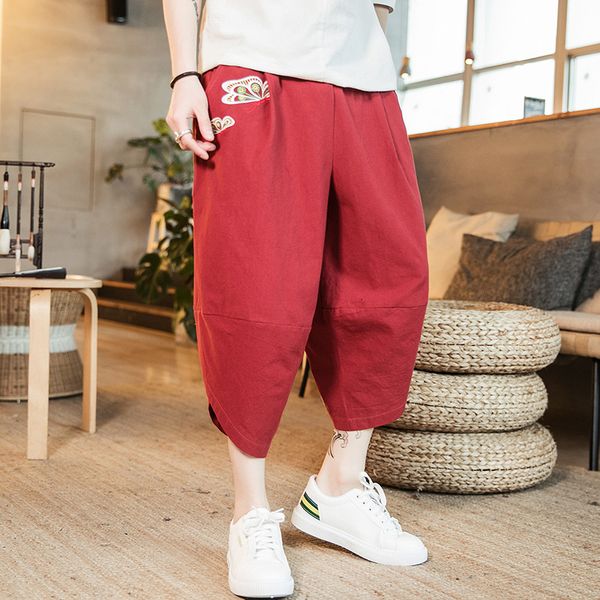 

#4610 2019 in national customs cotton man leisure time seven part pants will code embroidery haren pants male, Black