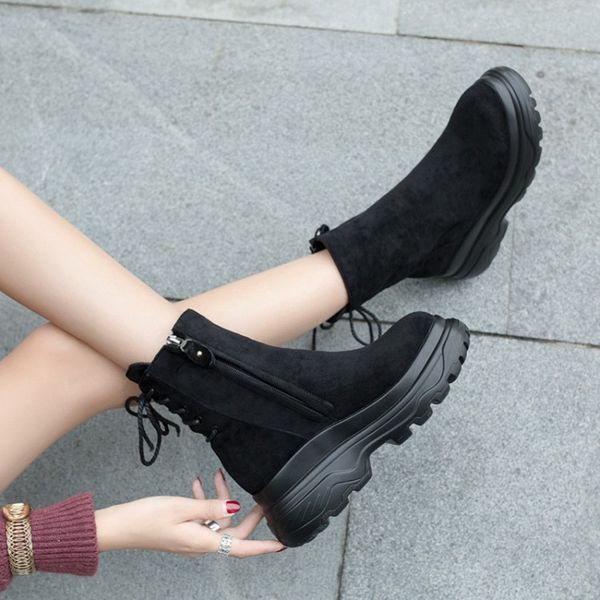 

blxqpyt 2019 ankle fur winter snow boots women plush warm thick bottom casual zipper wedges high quaitly shoes woman 6218, Black