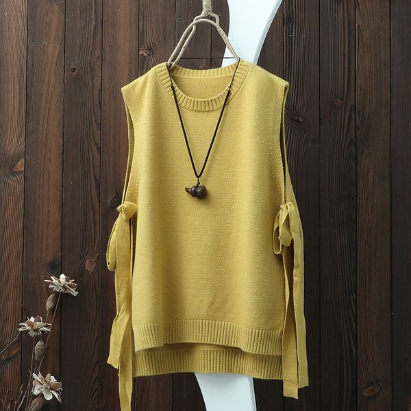 

spring o neck pullover sleeveless knitted vest women plus size side bandage thin hollow out loose side split waistcoat, Black;white