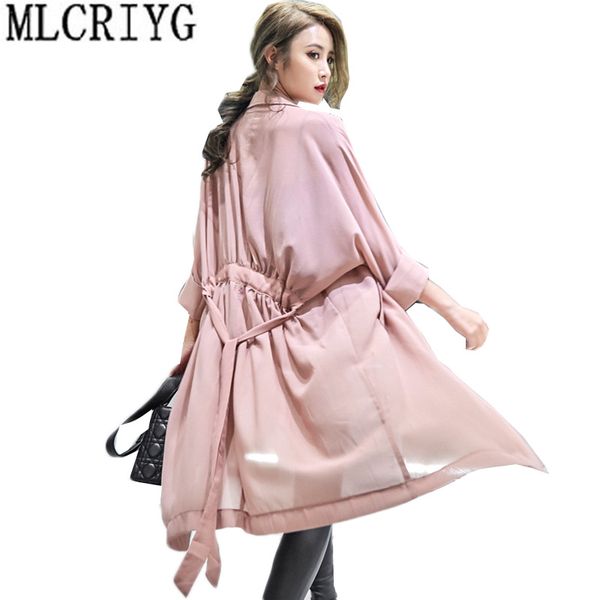 

2019 summer chiffon windbreaker women long loose autumn trench coat for women belt coats lady office work wear lx186, Tan;black