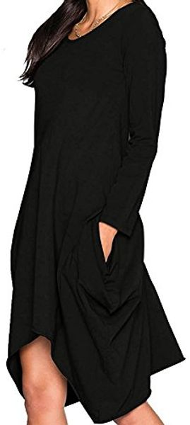 

wearlove women asymmetrical loose long sleeve pockets tunic shirt dress, Black;gray