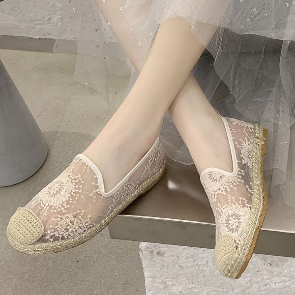 

leisure lace air mesh straw flat with loafers summer women's shoes casual flats, Black