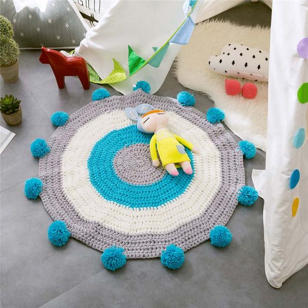 

hand-made pompoms mats kids nursery rug handmade crochet baby blanket 80cm diameter