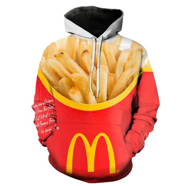 

2018 new fashion sweatshirt men 3d hoodies print burger fries fast slim slim stylish hooded hoodies, Black