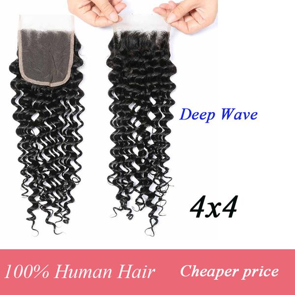 

необработанные бразильский человеческих волос silk base closure бразильский индийский глубокая волна кружева затворы 4x4 free средняя часть, Black