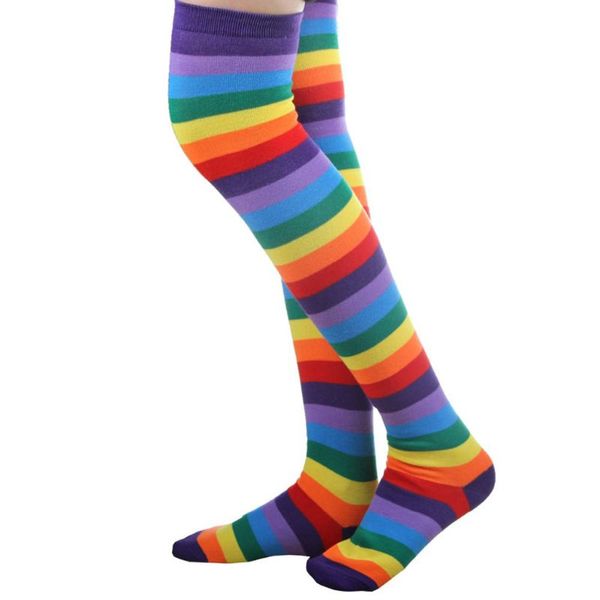 

women women girls cute mixed colored rainbow striped long boot thigh high stockings knitted over the knee socks acrylic cotton, Black;white