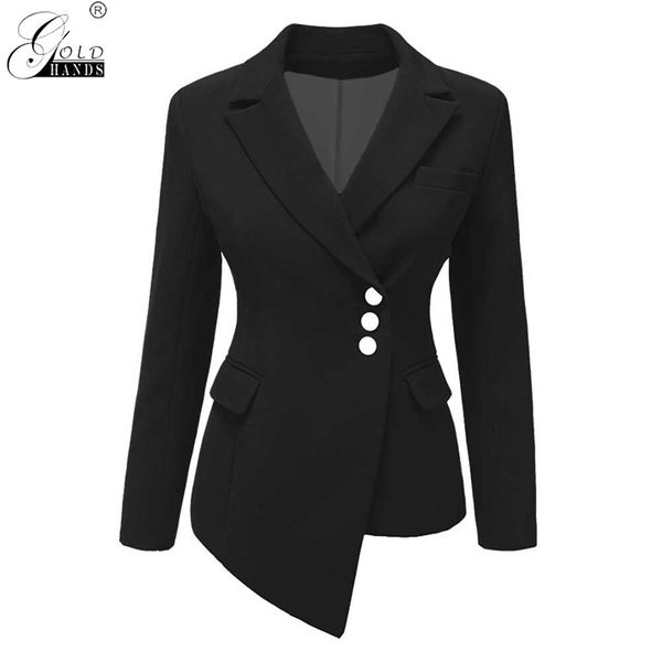 

2019 new women long sleeve asymmetric lapel blazer gold hands office lady notched single breasted with button suits solid color, White;black