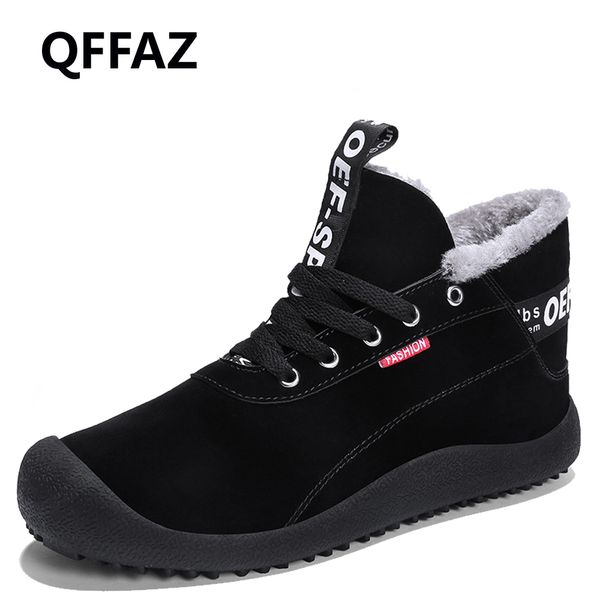 

qffaz men winter ankle boots pu leather breathable men boots shoes snowboots fur outdoor casual shoes botas homme, Black