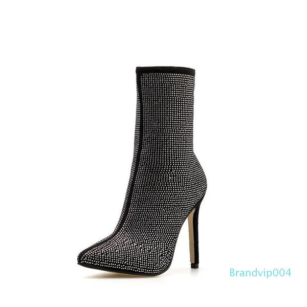 

women's booties winter shiny rhinestone decorative side zipper pointed 11.5cm high heel boots fashion comfortable shoes women, Black