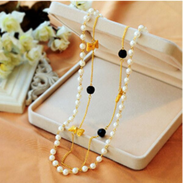 

sweet wind bow pearl multi-layer long necklace taobao sweater chain, Silver