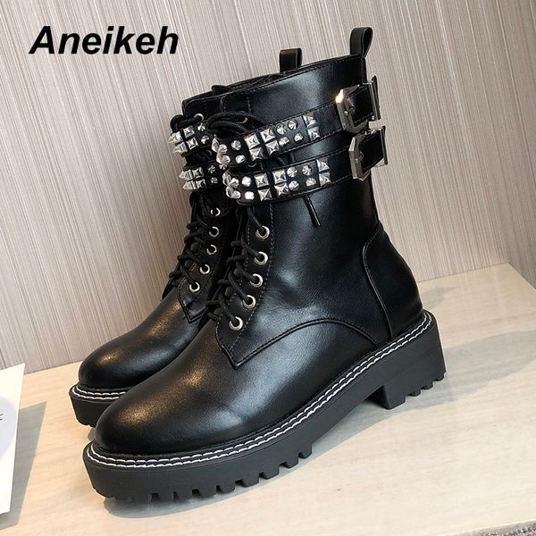 

aneikeh pu leather women ankle motorcycle boots shoes woman 2020 spring rivets shoes punk riding, equestrian boots size 35-40, Black