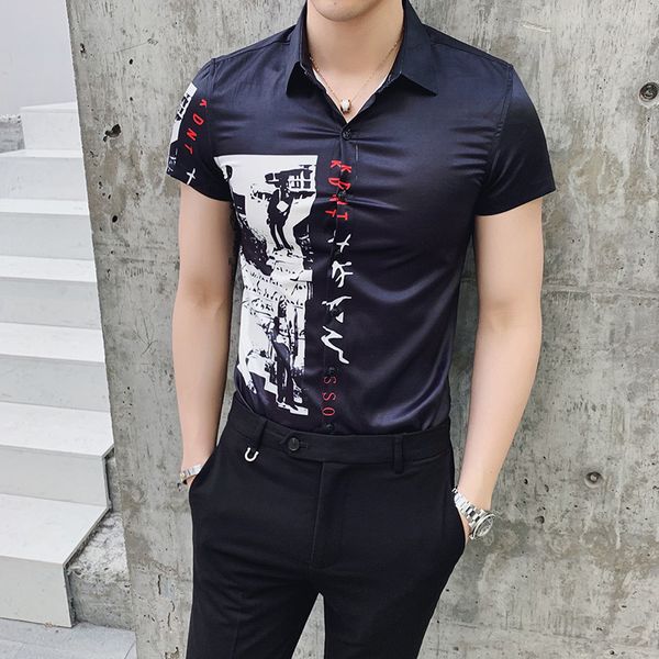 

2019 brand printing men short sleeve shirt party club shirts men designer camisa masculina casual slim fit streetwear shirt, White;black