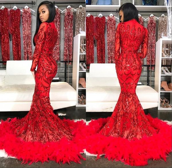 

элегантный черный девушки красный русалка пром платья 2020 с пером sequined sexy длинным рукавом пром платья африканских платье vestidos де, Black