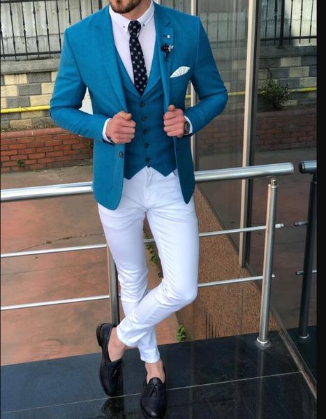 

men suits slim fit blue jacket vest with white pants 3 piece 2 buttons male singer business dress host stage costume party gown, White;black