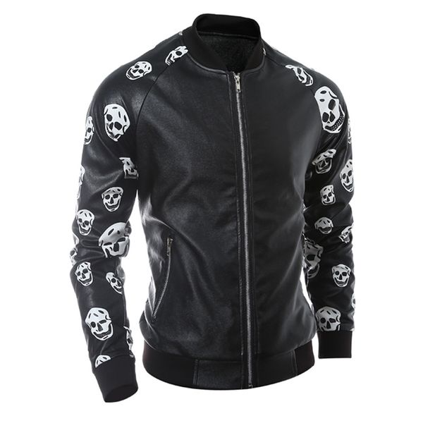 

four seasons motorcycle men's fashion skull print short leather youth youth tide leather jacket jacket men, Black