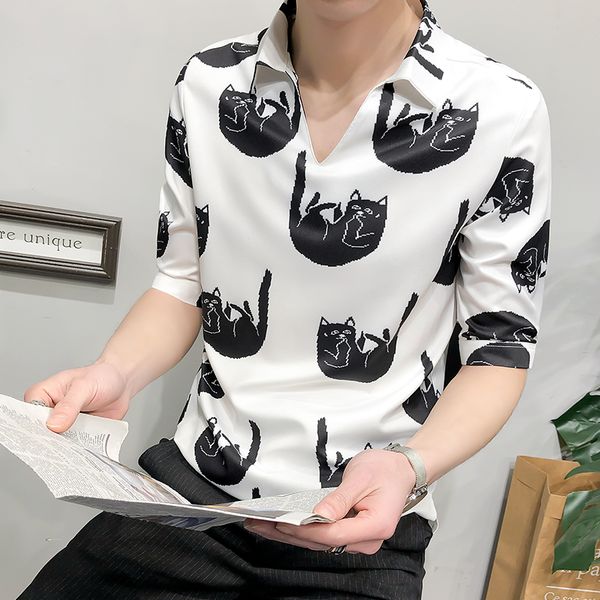 

2019 spring xia fashion men easy v lead short thin pullover hawaiian shirt animal printing sleeve camisa streetwear sale, White;black