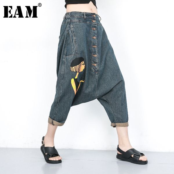 

eam] 2019 new spring summer high waist loose pattern printed pocket split joint wide leg jeans women trousers fashion ju661, Blue