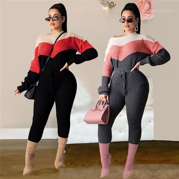 

slim suit womens 2pcs contrast color sweater suits spring designer drawstring long sleeve pencil pants sets females, White