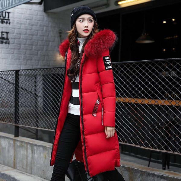 

winter woman long coat fur thickened parka women stitching slim long winter coat down cotton ladies down parka down jacket women, Black