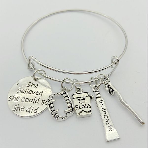 

she believed she could so she did alphabet bracelet floss box toothpaste toothbrush tooth charm bangle creative oral hygiene dentist gifts, Black