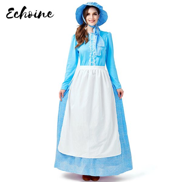 

echoine women's halloween idyllic farm apron maid costume blue fancy long sleeve maxi dress california costumes pioneer cosplay, Black;red