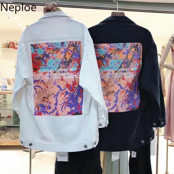 

neploe 2019 bf harajuk streetwear loose denim jackets women abstract graffiti long coat oversized single breasted jeans jacket, Black;brown