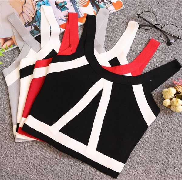 

summer women fashion slim knitting tank crop female bodycon knitted camisole sleeveless short geometric t shirts 8201, White