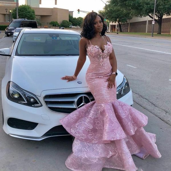 

pink mermaid prom dresses 2k19 lace appliques south african mermaid evening gowns spaghetti straps tiered skirt lace cocktail party dress, Black