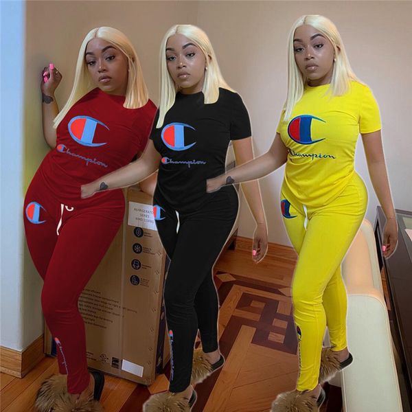 

s-2xl women champion designer two piece clothes summer brand outfits t shirt pants legging tracksuit sportswear jogging sports suit a52705