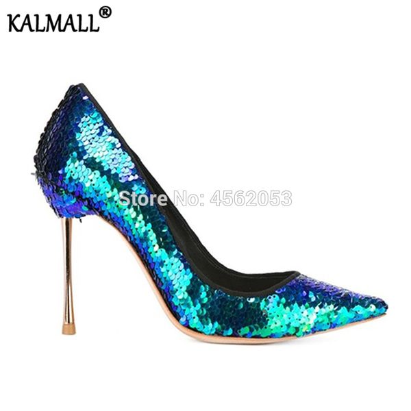 

kalmall rainbow sequined bling costume wedding pumps luxury glitter shoes female slip on pointed toe stiletto high heels, Black