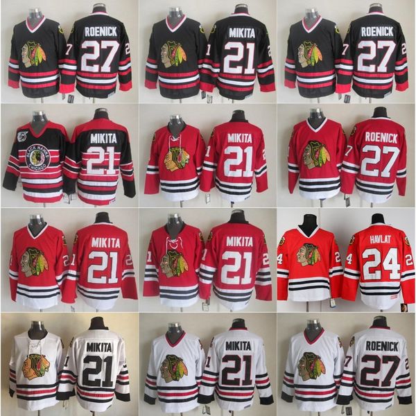 

old time chicago jerseys 21 stan mikita blackhawks 27 jeremy roenick 24 martin havlat 28 steve larmer vintage 75th anniversary stitched, Black;red