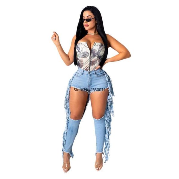 

ins ladies flare ripped jeans with lateraltassels high waist ripped bell bottom skinny long jeans summer autumn streetwea, Blue