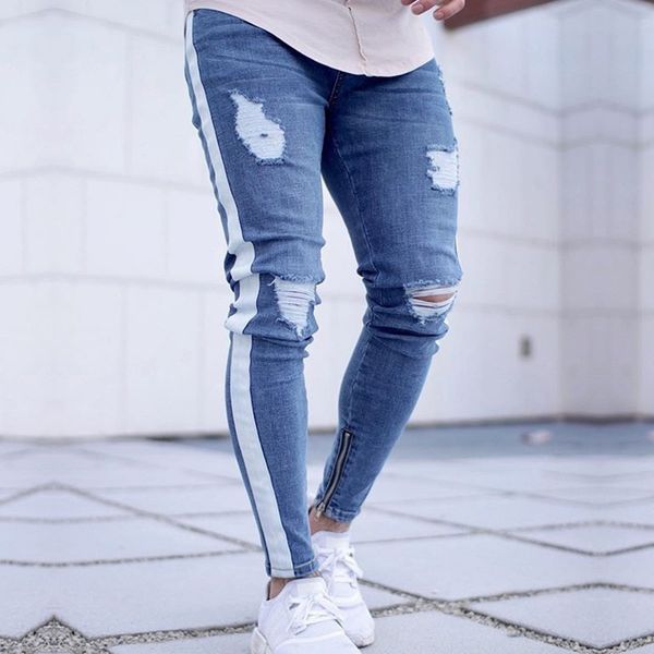 

2020 skinny jeans men ripped hole stretch denim trousers male autumn straight streetwear pencil hip hop jeans plus size cx200610, Blue