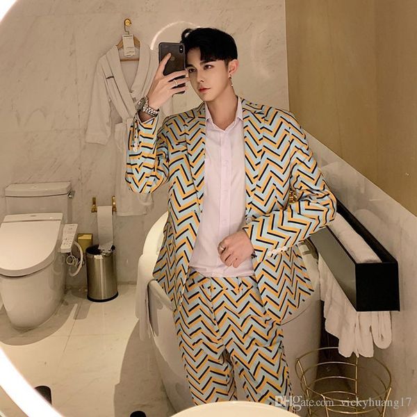 

xspring new korean version of the self-cultivation men's plaid suits nightclub hair stylist tide men's youth suit two-piece, Gray