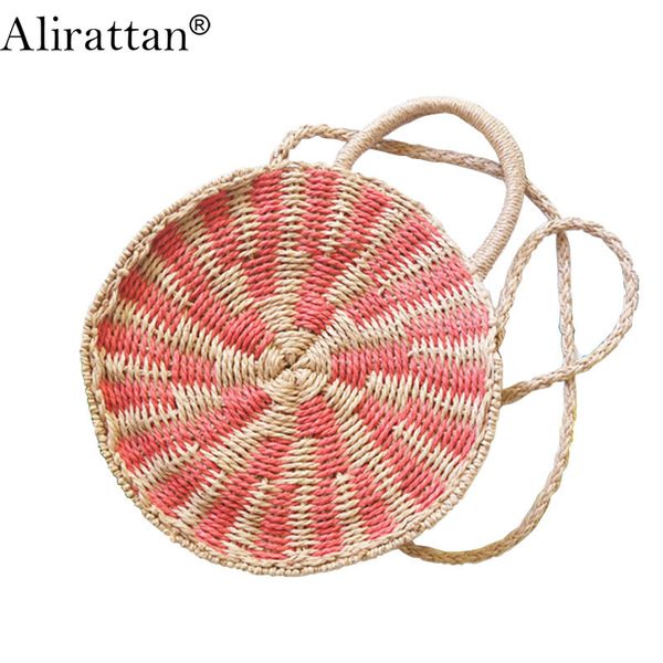 

alirattan women straw bag 2020 new summer fashion trendy round mixed color woven bag shoulder messenger beach ins h366