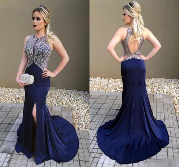 

navy blue backless prom dresses mermaid luxury beaded crystal jewel neck sleeveless sweep train slit formal evening gowns vestido de noche, Black