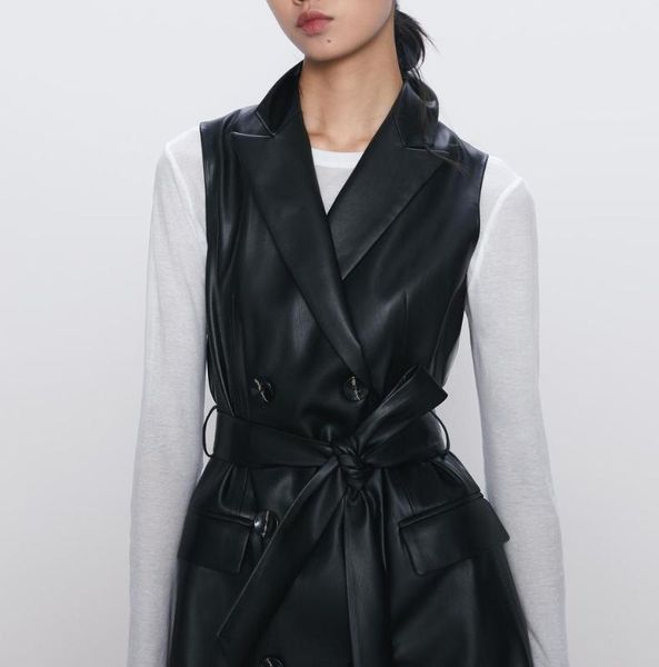 

2020 vintage fashion women pu faux leather waistcoat double breasted with belt pockets female outerwear chic, Black;white