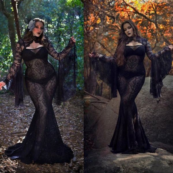 

lace see through evening gowns black high neck trumpet sleeve mermaid prom dresses plus size floor length formal party dress, Black;red